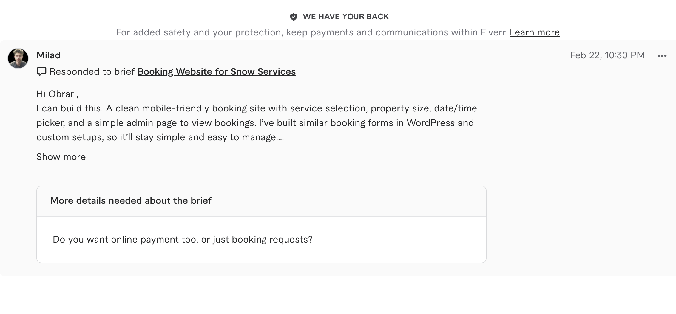 Screenshot of Milad's Fiverr response showing clarifying questions before providing a quote